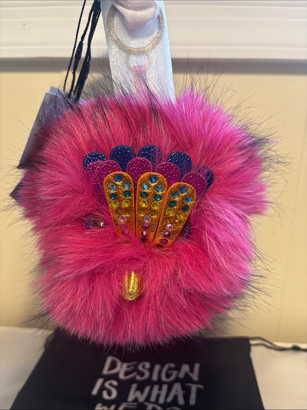 🌈 NWT RARE Kurt Geiger Faux Fur Pom Pom Eagle Bag Charm - DISCONTINUED SOLD OUT